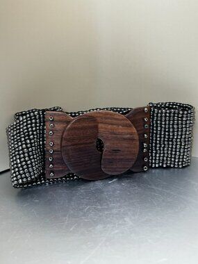 Handmade Boho Woven Black and Brown Belt with Wooden Buckle
